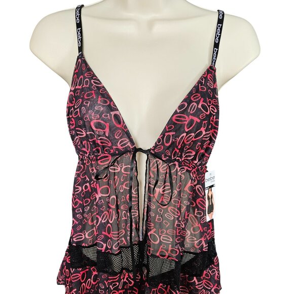 bebe Mesh Cami and Short Lingerie Sleepwear 2 Piece Set, Logo Print, X-Large - Picture 2 of 13